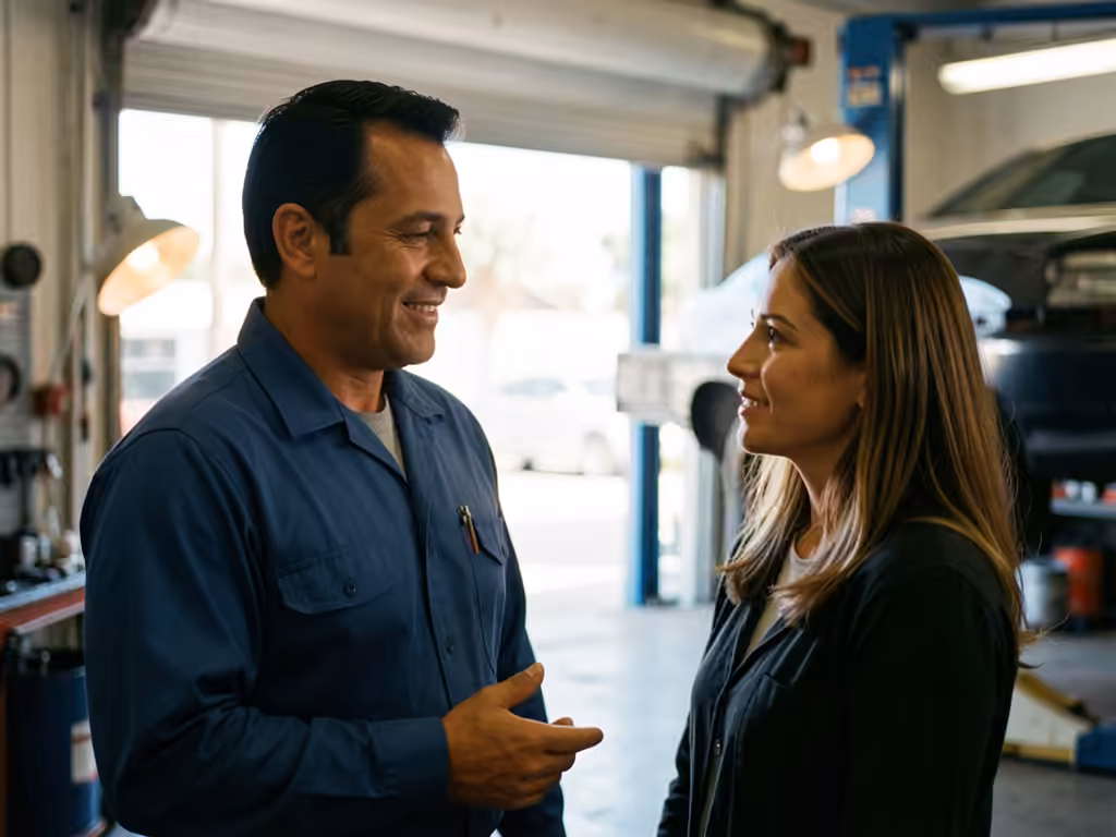 Mecánico hispanohablante atendiendo a una clienta dentro del taller de carrocería en Mid-City, Los Ángeles